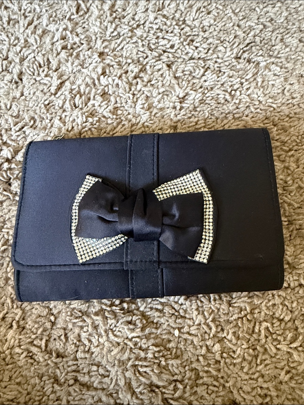 RSVP Black Satin Clutch with Crystal-Trim Bow